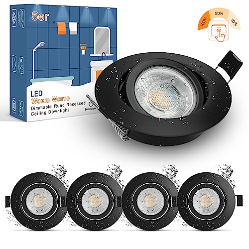 wowatt 5er LED Einbaustrahler 230V Schwarz 3 Stufen Dimmbar 7W IP44 Bad Einbauleuchten Flach Deckenspots 700LM Warmweiß 2800K Ersetzt 70W Halogen Spots Schwenkbar Rund 68mm Einbauspots für Badezimmer