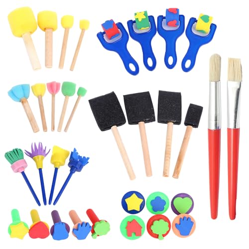 KASURE 35 Stücke Schwamm Malerei Pinsel Set, Kinder malwerkzeuge Malschwämmchen Stempel Pinsel Set, Kinder Früherziehung Lernen Zeichnung Werkzeuge Schwamm Farbe Pinsel Kits