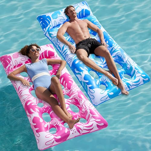 Sloosh Aufblasbare Wasser Pool Luftmatratze, 2er XL Pool Flöße, Sonnenliegebett mit Kopfstütze für Erwachsene, schwimmende Matte, Floß für See, Strand, Schwimmbad, Wasserspaß (Blau, Rosa)