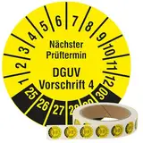 Mehrjahresprüfplaketten 2025-2030 - Nächster Prüftermin DGUV Vorschrift 4 - Ø 20 mm, 1.000 widerstandsfähige Prüfplaketten auf Rolle, Polyethylen, gelb, selbstklebend