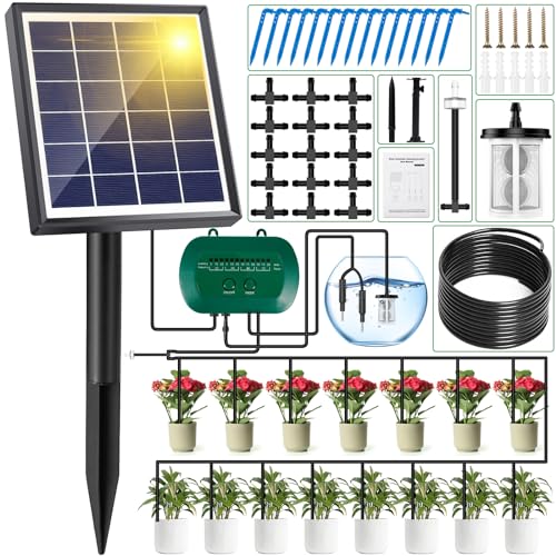 MULEVIP Solar Bewässerungssystem 2025 Automatische Bewässerungssystem Garten, Garten Bewässerungssystem Tröpfchenbewässerung System mit Timer und 15M Schlauch, für Garten,Balkon Pflanzen,Freien