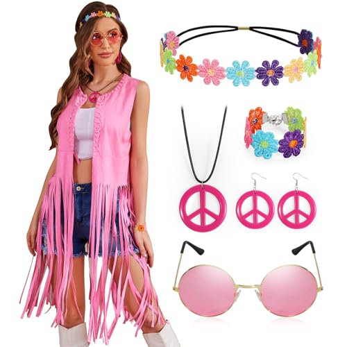LEACOOLKEY Frauen Hippie Kostüm Fransenweste 60er 70er Jahre Faux Wildleder Quaste Weste für Karneval Halloween Cosplay Party