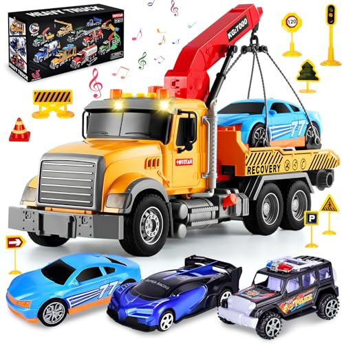 Aragallant Abschleppwagen Spielzeug Set - inkl. (3 Autos, 12 Verkehrszeichen Spielzeug), 1:16 vielseitiger Abschleppwagen mit Licht und Sound, großer Transporter LKW Lastwagen Spielzeug für Kinder