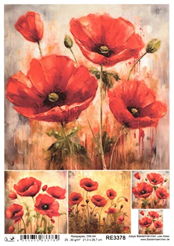 Josys Bastelmärchen Reispapier A4 Strohseide Decoupage Mohn Mohnblumen Vintage RE3378