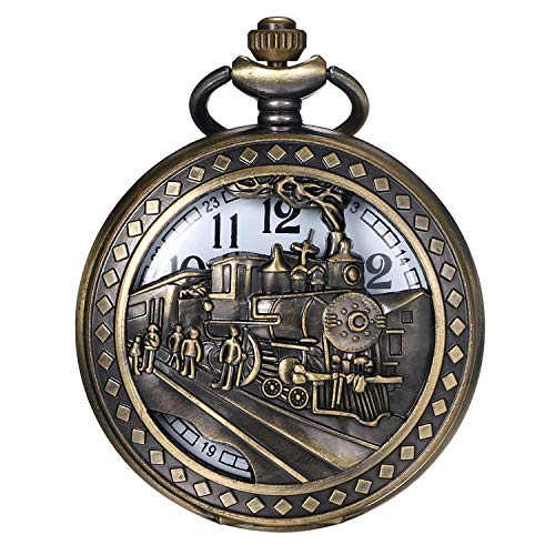 JewelryWe Herren Taschenuhr Vintage Antike 3D Lokomotive Dampf Zug Eisenbahn Hohle Openwork Quarz Analog Uhr mit Kette Halskette Bronze Geschenk