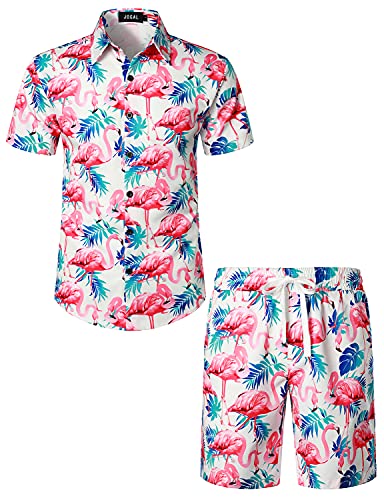 JOGAL Herren Hawaii Hemd Männer Flamingo Kurzarmhemd und Kurze Hose Set Strand Outfit Sommerhemd Für Mann Blau Blatt Flamingo Groß