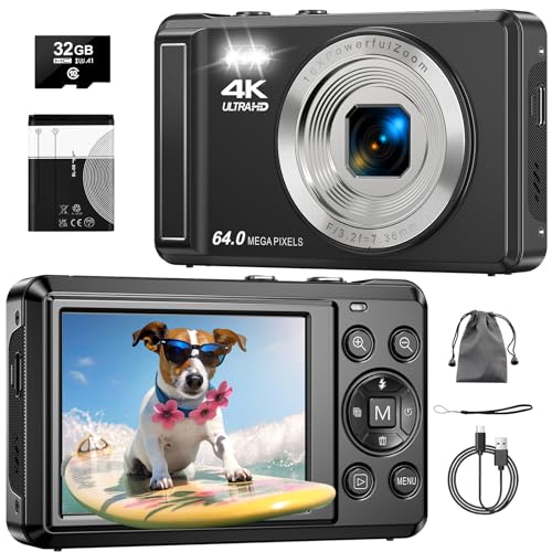4K 64MP Digitalkamera mit 32 GB TF-Karte, Autofokus Fotoapparat mit 16X Digitalzoom Tragbar Kompaktkamera mit 1200mAh Batterie, USB-Kabel, für Kinder Teenager Erwachsene Anfänger