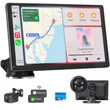 Wireless Carplay Autoradio mit 4K Dashcam,9 Zoll Tragbarers Touchscreen Android Auto,1080P Rückfahrkamera,GPS Navigation,Autoradio Bluetooth Freisprecheinrichtung,Spiegelverbindung,Sprachsteuerung