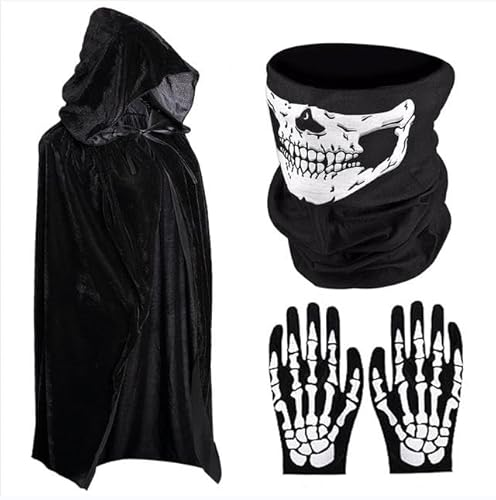 Funmo Umhang mit Kapuze Herren Damen Erwachsene Kinder Vampir Umhang Samt Schwarz Robe Lange mit Schädelmaske Handschuhe Halloween Sensenmann Vampir Kostüm Cosplay 110~150cm Schwarzer (150CM)