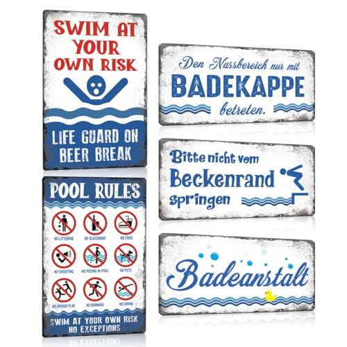 5er Set Blechschild Retro Pool mit Spruch Lustig | BADEANSTALT | SWIM AT YOUR OWN RISK | POOL RULES - Schwimmbad Sicherheitsschild Warnschild Wetterfest Schild Deko Zubehör für Pools Outdoor.