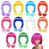 PLULON 20 Teile Party Perücken und Sonnenbrillenset, Neon Short Bob Perücke Sonnenbrillenpackung Kostüm Bunt Cosplay Tägliche Party Haarstücke zum Bachelorette Neon Party, Halloween Dekorationen