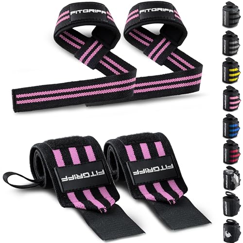 Fitgriff® Handgelenk Bandagen + Zughilfen (2er Set) - für Krafttraining, Fitness, Bodybuilding, Gewichtheben, Gym, Kraftsport - für Frauen und Männer (Black/Pink)