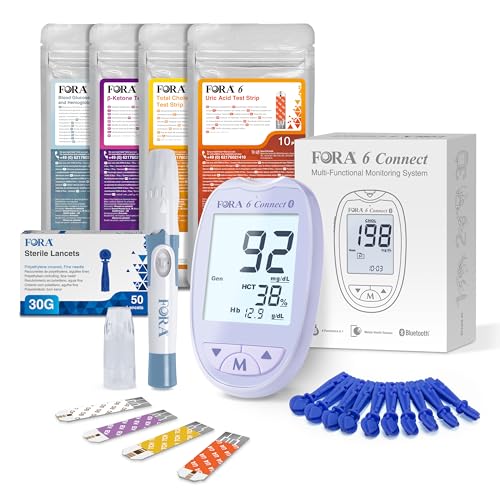 FORA 6 Connect | 4-in-1 Blutzucker-, Keton-, Cholesterin-, Harnsäure-Messgerät | Für die Selbstanwendung zu Hause | Bluetooth & App | Inkl. Teststreifen & Zubehör, Lavendel Lila
