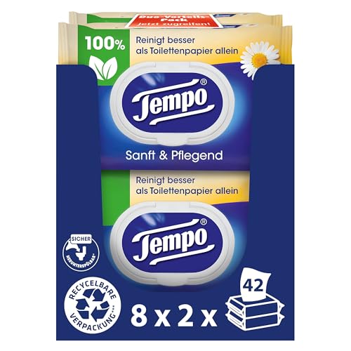 Tempo Feuchte Toilettentücher "Sanft & Pflegend" - Megapack - 16 Packungen mit je 42 Tüchern - Duo Packs - mit natürlicher Kamille - Toilettenpapier, dermatologisch getestet & pH-hautneutral