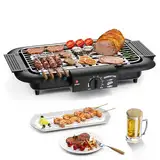 Elektrogrill Tischgrill elektrisch, Elektrischer BBQ-Grill, rauchloser Non-Stick Innen-/Outdoor-Grill, 2000W Doppelröhre tragbarer abnehmbarer Standgrill der hohen Leistung (Elegantes Schwarz)