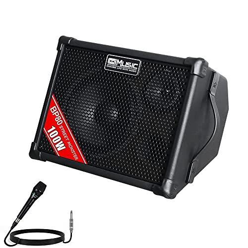 BP80 Batteriebetriebener Akustikgitarren-Verstärker, tragbarer Bluetooth-Lautsprecher, 100 W, 6 Eingänge, 3-Band-EQ, Schwarz