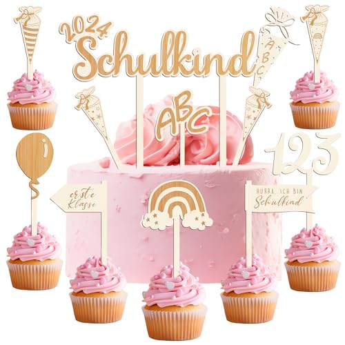 Humairc Tortendeko Einschulung 10tgl. aus Holz Junge Mädchen Schulkind Zuckertüte Cake Topper ABC 123 Cupcake Torte Deko Kuchendeko Schulanfang