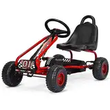 COSTWAY Gokart mit verstellbarem Sitz, Go Cart mit Handbremse, Tretauto bis 30kg belastbar, Pedal Gokart, Tretfahrzeug, Pedalfahrzeug, Kinderfahrzeug für Kinder von 3-6 Jahren (Rot)