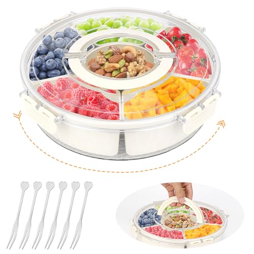 SelfTek Snackbox mit Fächern Groß, Rund Snackbox Drehbar mit Deckel und Griff, Snackschale mit 6 Schalen und 4 Obstgabel, Snackteller Transportbox Aufbewahrungsbox für für Party, Picknick (Runde)
