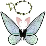 Feenflügel Kostüm, Damen Mädchen Schmetterlingsflügel Elfenflügel mit Elfenohren Blumenkranz Halloween Kostüm Zubehör Karneval Fee Party Schmetterling Kostüm Feenkostüm für Kinder Erwachsene (Schwarz)