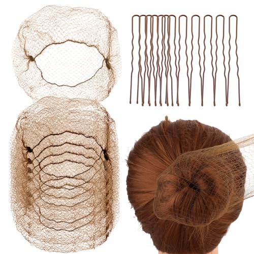 Abeillo Haarnetze für Dutt, 20 Stück Haarnetze Elastisches, 50 cm Ballett Haarnetz, Unsichtbare Haarnetze und 40 U-förmige Haarnadeln, Set für Frauen, Mädchen, Balletttänzer, Krankenschwester (Braun)