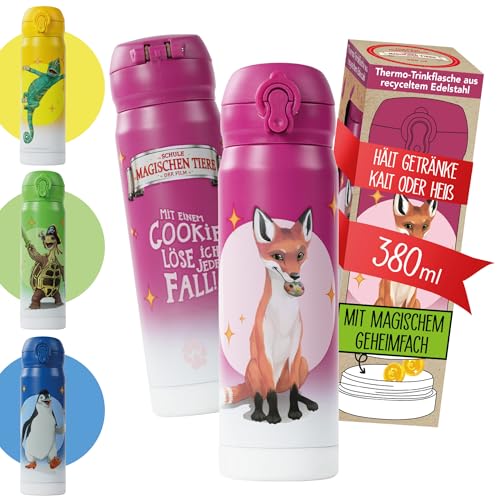 AWAVE Die Schule der Magischen Tiere Edelstahl Trinkflasche Kinder 380 ml Beerenrot Rabbat Wasserflasche Kohlensäure geeignet Auslaufsicher Thermosflasche Einhandöffnung, für Schule Kindergarten