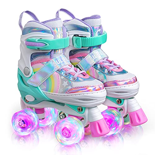 Sulifeel Regenbogen Verstellbar Rollschuhe für Kinder mit Leuchtenden Rädern Roller Skates für Mädchen (Small - Little Kids(28-31EU))