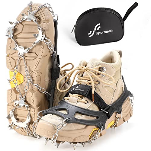 Sportneer Steigeisen Eisstollen Traktion, 19 Spikes Edelstahl Anti-Rutsch EIS Schnee Grips für Schuhe Stiefel, Sicherer Schutz für Gehen, Joggen, Klettern, Angeln, Bergsteigen, Wandern, Schwarz, L