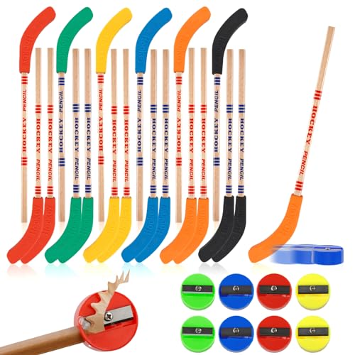 TPBSITNS 18 Stück Bleistift Hockey mit Radiergummi, BunteHockeyschläger Bleistifte mit 8 Mini Bleistiftspitzern, 9 Inch Eishockey Pencil Hockey Motto Party Dekorationen für Kinder Studenten