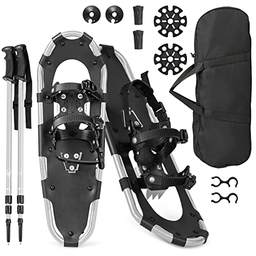 GYMAX 53/63/76 cm Schneeschuhe, Schuhgröße 35-45, leichte Geländeschneeschuhe-Set, Schneeschuhset mit Trekkingstöcken & Tragetasche, Alu Schneeschuhe bis 130kg belastbar (63 cm, Silber)