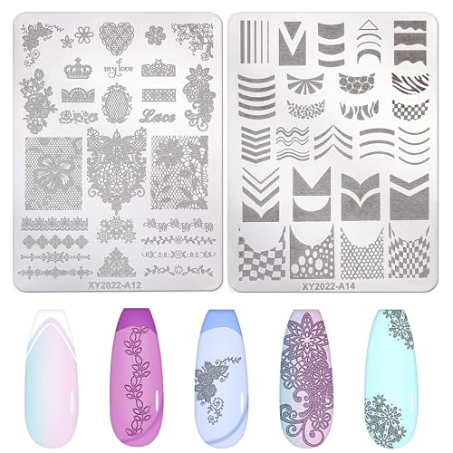 Qianyu 2 Stück Nagelstamping Schblonen Platte French Nail Stamping Kit DIY Maniküre Werkzeuge Pflanze/Puzzle/Geometrie Nagelstempel Set Nail Print Stamper Image Plate für Kreative Nailart