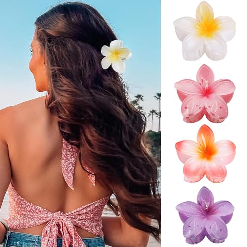 IOSPKKIO® 4 Stück Blumen-Haarklammern, starker Halt, große Krallenklammern für Dickes Haar, rutschfeste Haarklammern für Frauen, hawaiianische Blumen-Klauenklammern 4 Farbe