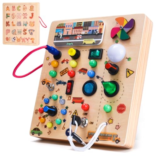 Nauotk Busy Board Montessori Spielzeug für Babys ab 2 Jahr, Motorikspielzeug mit 19 LED, Holzspielzeug Sensorik, Lernspielzeug für Kleinkinder, Geschenk Jungen und Mädch ab 2 3 4 Jahr