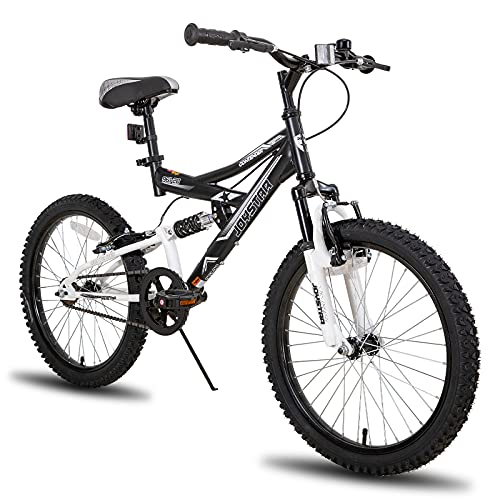 JOYSTAR Contender 20 Zoll Kinder Mountainbike für Jungen & Mädchen im Alter von 7-13 Jahren Kinderfahrrad mit vollgefedertem Stahlrahmen und 1-Gang-Antrieb mit Ständer Schwarz