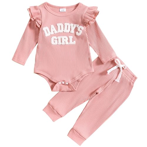 JiAmy Baby Mädchen Kleidung Rüschen Langarm Spitze Strampler Daddys Girl Bodysuit und Lange Hosen 2tlg Outfits für 3-6 Monate, Rosa