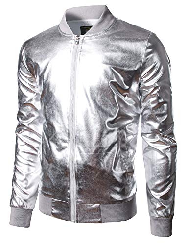 JOGAL Herren Metallic Nachtclub Reißverschluss Baseball Bomber Jacke XX-Large Silber