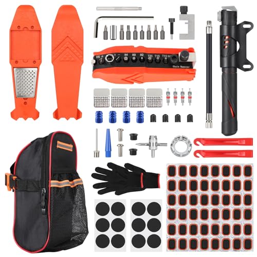 SHYOSUCCE 110-teiliges Fahrrad Reparatur Set und Werkzeuge mit satteltasche,Unterwegs Fahhradtasche und Notfallwerkzeug Flickzeug,17-in-1 Fahrrad Multitools, Fahrradpumpe, Reifenheber für Fahrrad
