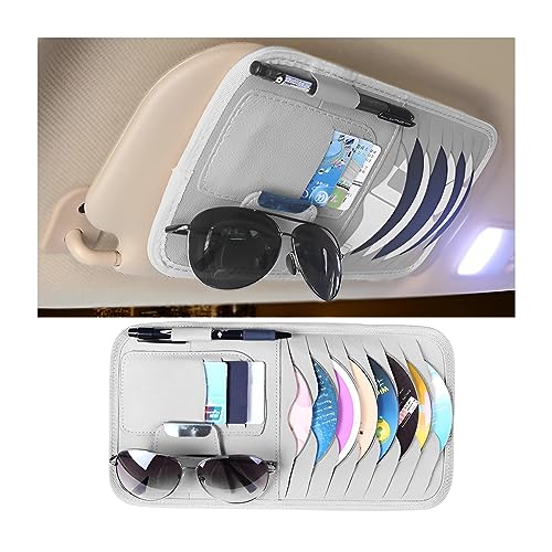 JNNJ Tasche Sun Visor Organizer Leder, Auto-Visier CD-Hülle, Auto Zubehör Aufbewahrungstasche für CD Karten Sonnenbrillen, Multifunktionales Visier-Zubehör(Grau)