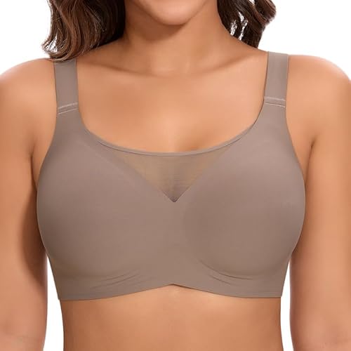 Jiuday BH Damen ohne Bügel BH Große Brüste Starker Halt Push Up BH ohne Buegel Seamless Bequem BH Klassische Soft Nahtloser Bügelloser T Shirt BH Gepolstert Mesh Bralette (Flacher V Kaffee,L)