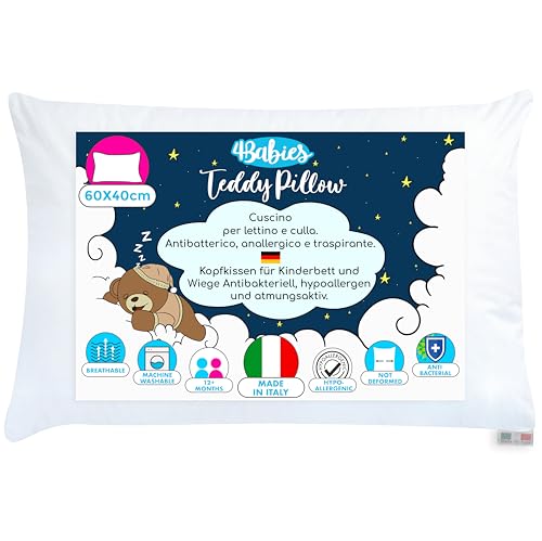 4BABIES - kinderkopfkissen 40x60, Baby Kissen ab 1 Jahr Atmungsaktiv, Antiallergisch mit Futter 100% italienische Baumwolle, Hypoallergen, Milbendicht