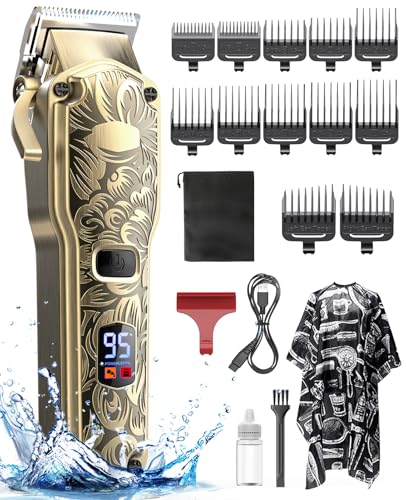 Haarschneidemaschine für Herren, profi Haarschneidemaschine Friseur Haarschneider mit LED-Anzeige Elektrisch Bartschneider kabellos IPX7 Wasserdichte Haar und Bartschneider für Männer