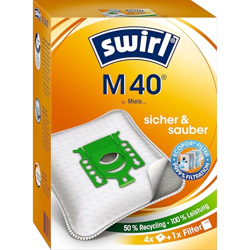 Swirl M 40 EcoPor Staubsaugerbeutel (4 Beutel), reißfeste Staubbeutel für viele Hoover und Miele Staubsauger mit Beutel, 99,9 % Filterung von Hausstaub & allergenem Feinstaub