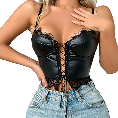 Lack Und Leder Sexy Frauen: Damen Crop Top Neckholder Brustfrei BH Weste Tank Tops Kurze Leder Schulterfrei Shirt Bikini Oberteil Clubwear