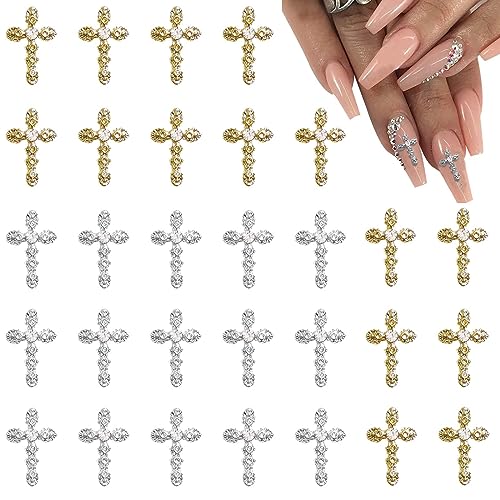 Kryzalite® 15 Stück Gold + 15 Stück Silber 3D-Kreuz-Nagelanhänger, Funkeln und Glänzen, Diamanten Nail-Art-Zubehör für Damen-DIY-Schmuck, Nagelkunst und Kunsthandwerk