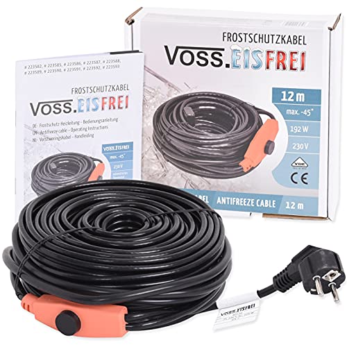 12m Frostschutz Heizkabel mit Knopf-Thermostat VOSS.eisfrei, 230V, Heizleitung Zum Schutz von Wasserleitungen und Weidetränken