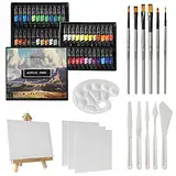 GC QUILL 48 Farben Acrylfarben Set 12 ml x 48 Tuben mit 6 Pinseln, Palettenmessern, leinwand zum bemalen, Staffelei, für Künstlerfarben auf Holz, Keramik, Stoff, Basteln GC-APK48