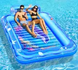 LanBlu Luftmatratze Pool Erwachsene, Wasser Matratze mit Lustiger Meereswelt, Aufblasbare Luftmatratze Pool XXL mit 2 Getränkehalter & Rückenlehne, 205 * 150CM Aufblasbare Liege Wasser 2 Personen