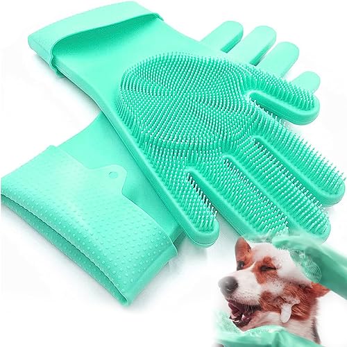 Haustier Grooming Handschuhe, Pflegehandschuhe Katzen aus Silikagel Handschuh Bürste Katze, Aufhängbares Design, Baden und Massieren für Hunde und Katzen (Grün)