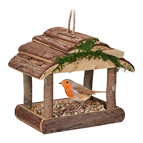 Relaxdays Vogelfutterhaus Holz, zum Aufhängen, HBT: 19 x 22 x 16,5 cm, Garten, Vogelfutterspender für Kleinvögel, Natur