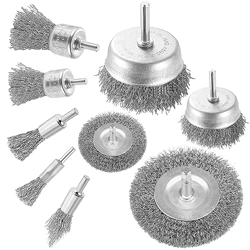 Drahtbürste Set 9-teilig für Bohrmaschine Stahldraht, Akkuschrauber mit 1/4-Zoll-Schaftbürste - Drahtbürstenrad, Topfbürste und Rohrbürsten-Set zum Reinigen von Rost, Entfernen von Farbe und Holz